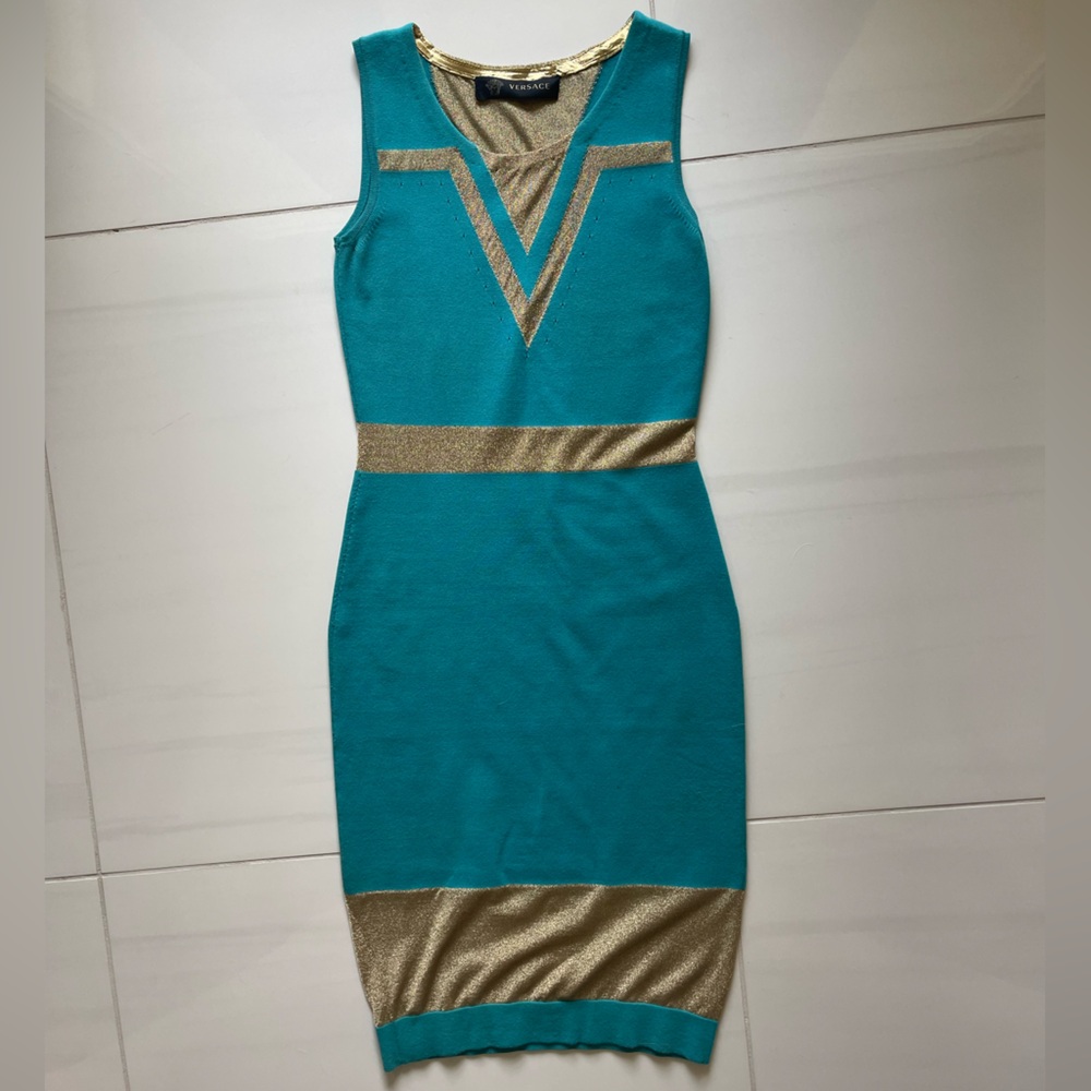 Versace Teal and Gold Mini Dress
